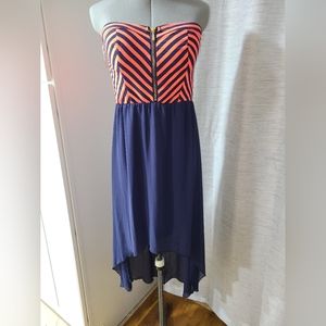 Orange and navy high low strapless dress